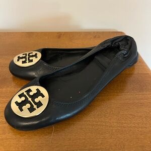 Tory Burch Black Reva Flats with Gold Emblem